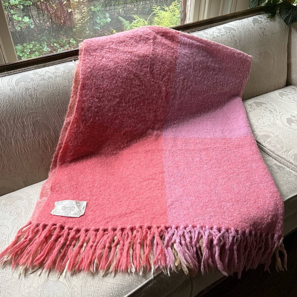 Vintage Donegal Design Mohair Wool Pink Yellow Red Striped Plaid Blanket Throw